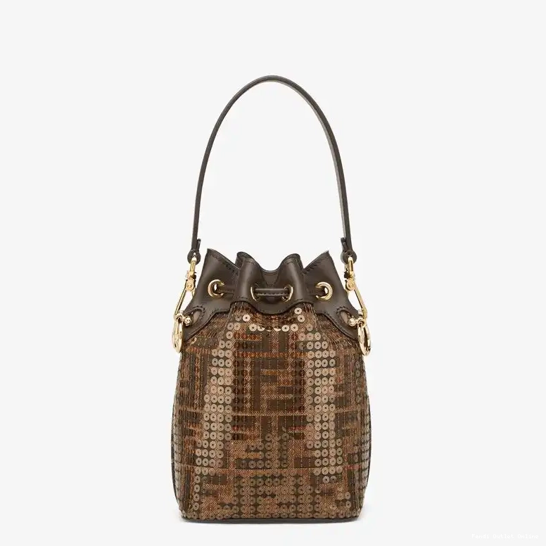 Cheap Brown with Motif Tresor FF Fabric Fendi Mini Mon Bag In Sequins Bucket 0521